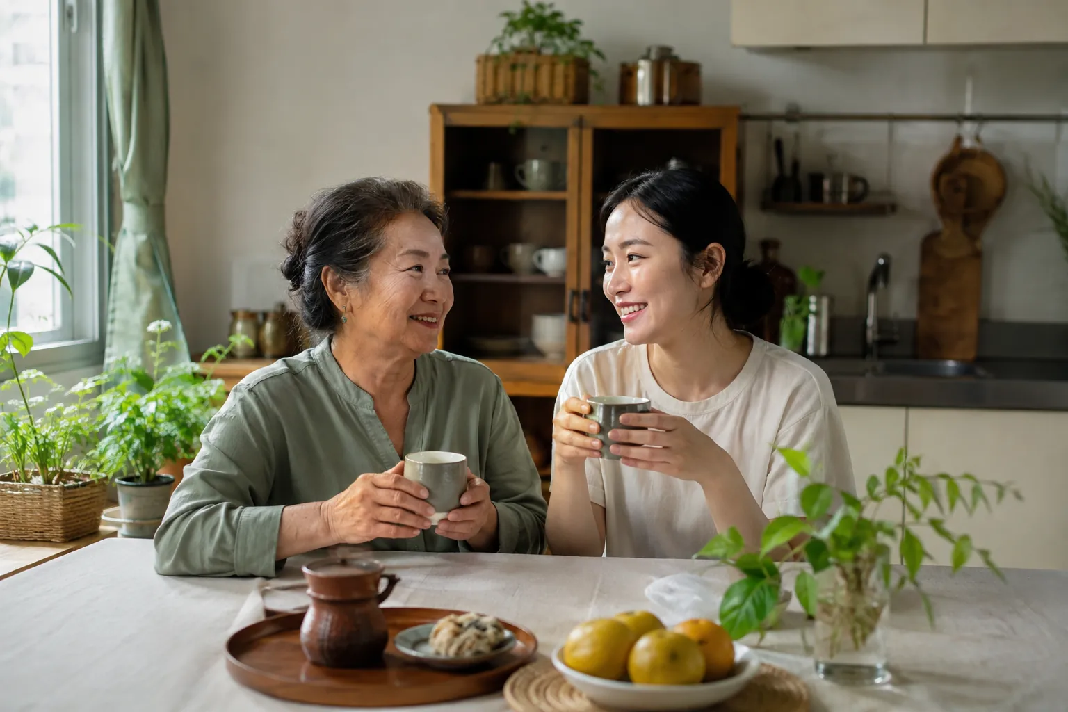 母女在家中一起喝茶聊天，呈現跨世代陪伴的生活情境